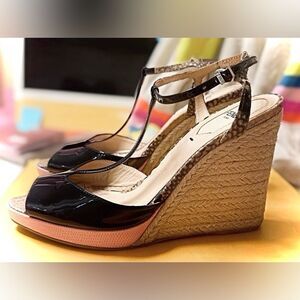 Fendi Maryjanes with Black and Pink Wedge Platform Espadrilles. No Flaws.